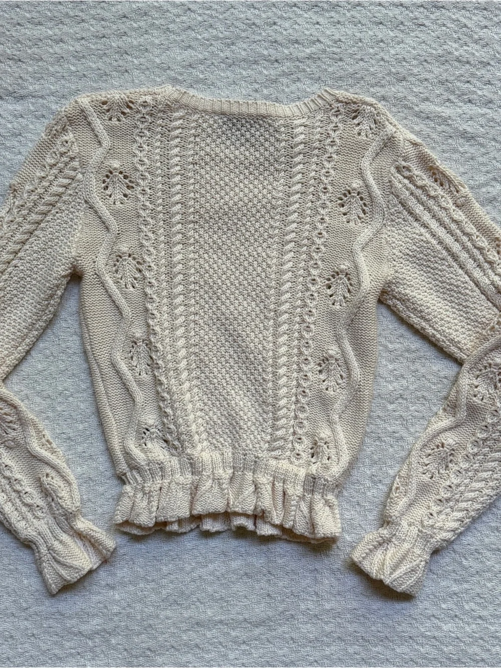 7 For All Mankind Bobble Sweater Cream Knit Floral Cable-Detail Sweater